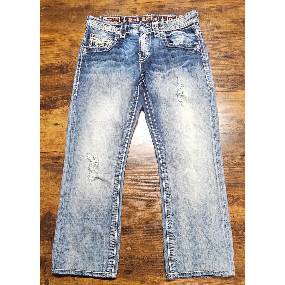 Rock Revival Gary Straight Distressed Jeans Mens 34x29 Medium Wash R